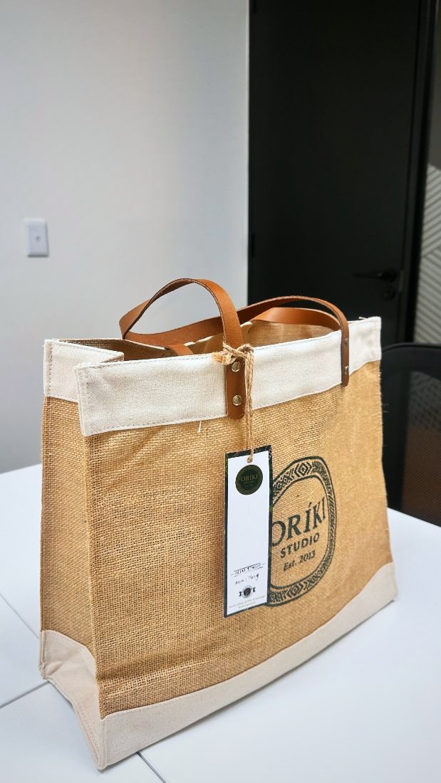 Oríki Studio jute shopper with leather handles and swing tag
